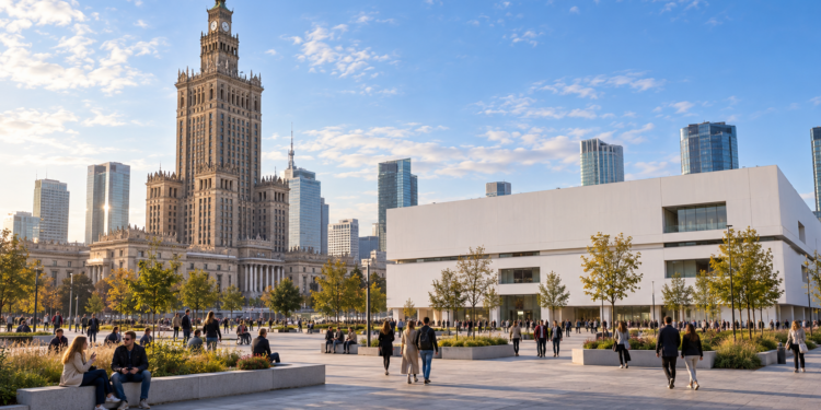 Illustrative image of Warsaw’s Plac Centralny, showing the Museum of Modern Art and the Palace of Culture and Science. The composition is not an exact photographic representation of the site.