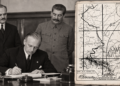 Composite showing the German-Soviet treaty signing in Moscow and the partition map of occupied Poland in September 1939