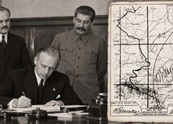 Composite showing the German-Soviet treaty signing in Moscow and the partition map of occupied Poland in September 1939