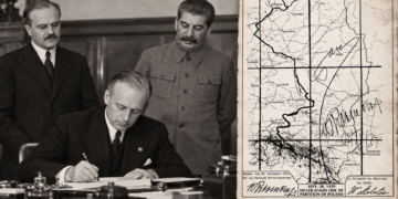 Composite showing the German-Soviet treaty signing in Moscow and the partition map of occupied Poland in September 1939