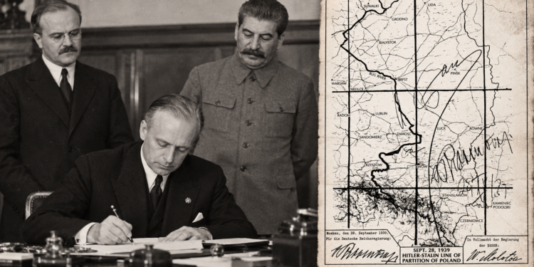 Composite showing the German-Soviet treaty signing in Moscow and the partition map of occupied Poland in September 1939
