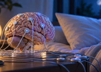 Anatomical brain model with EEG-style leads beside a pillow in blue night lighting, illustrating sleep-based neurological stimulation