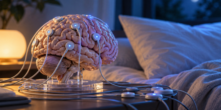 Anatomical brain model with EEG-style leads beside a pillow in blue night lighting, illustrating sleep-based neurological stimulation