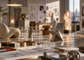 Abstract contemporary design studio with geometric furniture prototypes, lighting and material samples