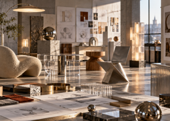 Abstract contemporary design studio with geometric furniture prototypes, lighting and material samples
