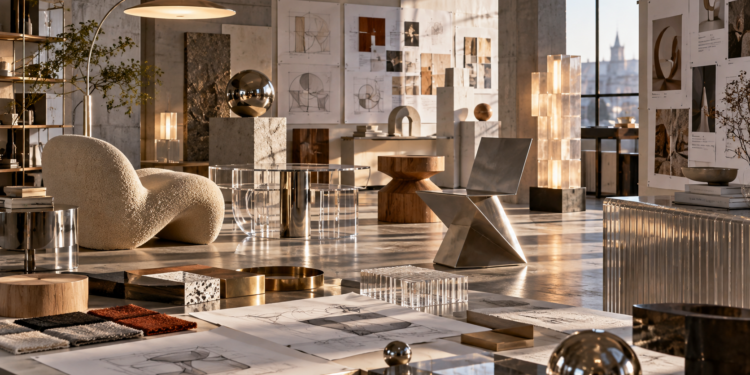 Abstract contemporary design studio with geometric furniture prototypes, lighting and material samples