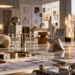 Abstract contemporary design studio with geometric furniture prototypes, lighting and material samples
