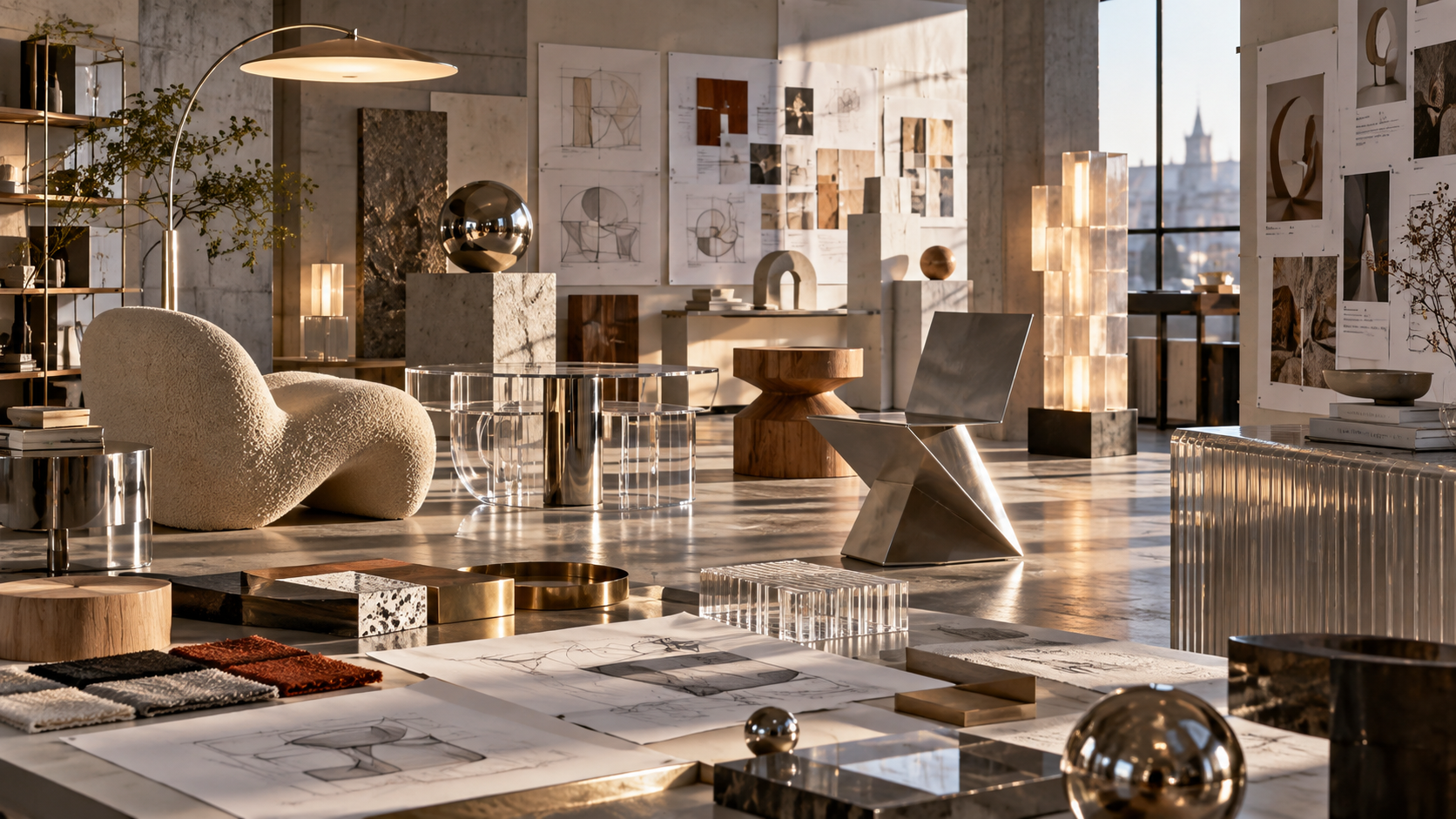 Abstract contemporary design studio with geometric furniture prototypes, lighting and material samples