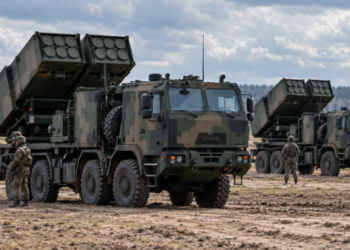 Polish Homar-K multiple-launch rocket systems during a military training exercise