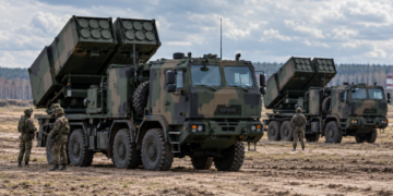 Polish Homar-K multiple-launch rocket systems during a military training exercise