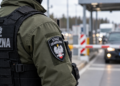 Close-up of a Polish Border Guard officer at a road border checkpoint