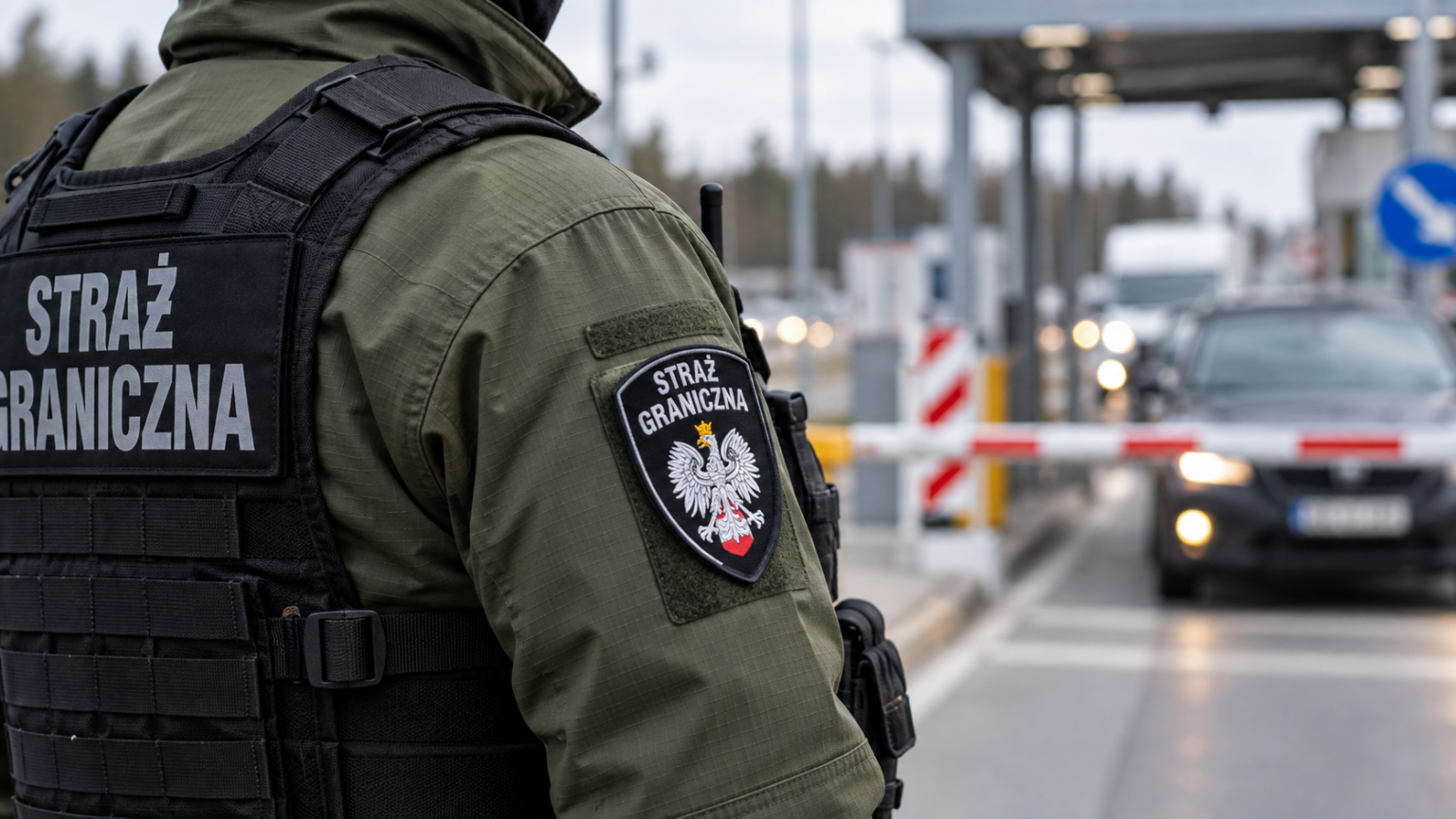 Close-up of a Polish Border Guard officer at a road border checkpoint