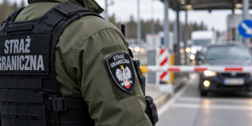 Close-up of a Polish Border Guard officer at a road border checkpoint