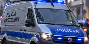 Close-up of a Polish police bomb disposal vehicle with blue emergency lights