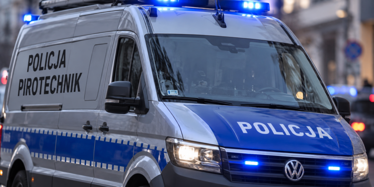 Close-up of a Polish police bomb disposal vehicle with blue emergency lights