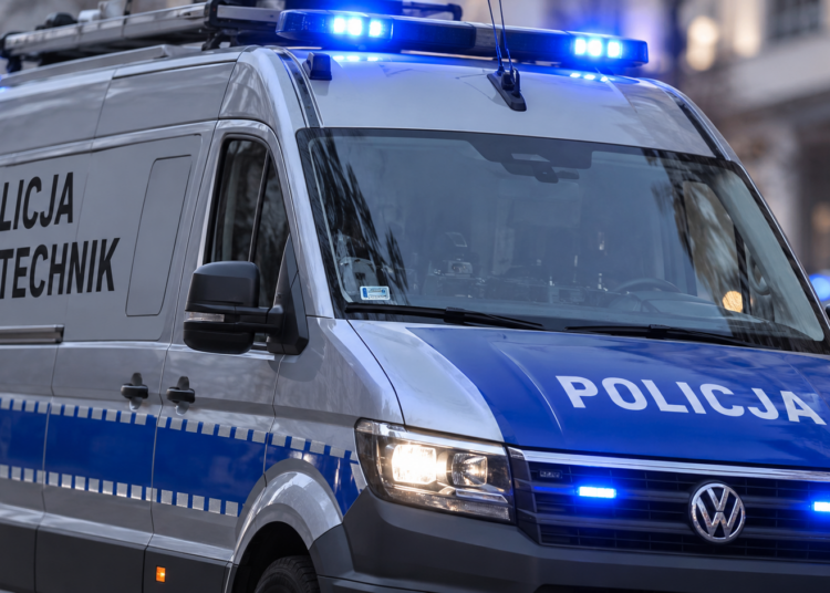 Close-up of a Polish police bomb disposal vehicle with blue emergency lights