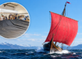 Gdańsk sailmakers working on black sails alongside Draken Harald Hårfagre under a red sail
