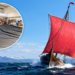 Gdańsk sailmakers working on black sails alongside Draken Harald Hårfagre under a red sail