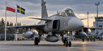 Swedish JAS 39 Gripen fighter aircraft on an airbase apron with Polish and Swedish flags