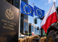 Polish flag and tractor outside the Court of Justice of the European Union