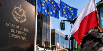 Polish flag and tractor outside the Court of Justice of the European Union