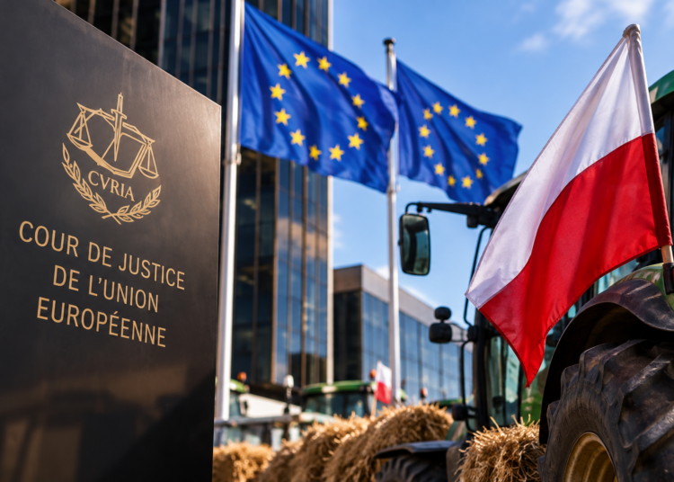 Polish flag and tractor outside the Court of Justice of the European Union