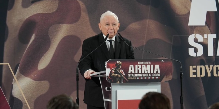 Jarosław Kaczyński speaking at the Army Congress in Stalowa Wola in 2026