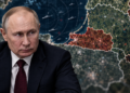Editorial image of Vladimir Putin with a strategic map of Kaliningrad, Poland and Lithuania