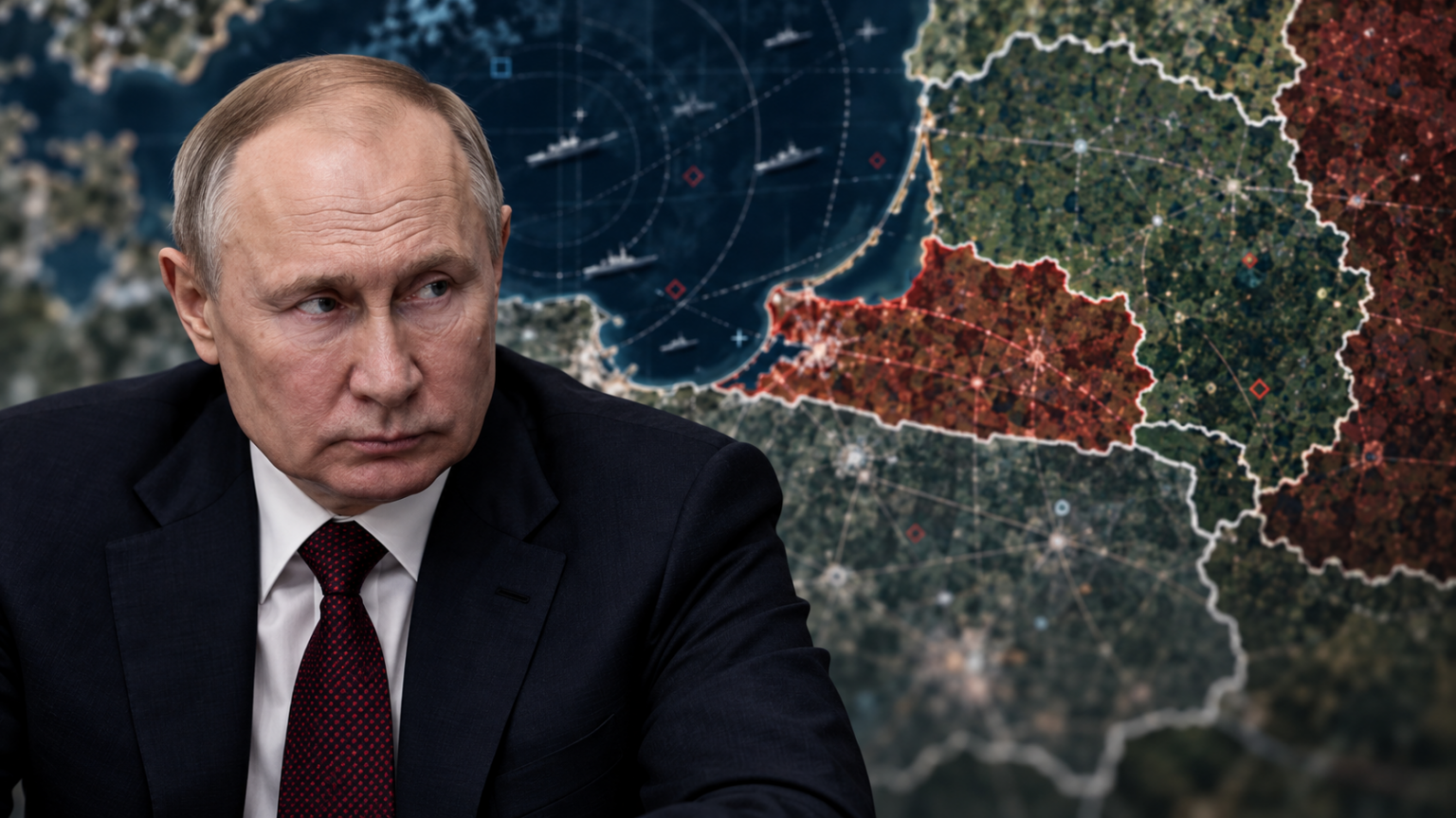 Editorial image of Vladimir Putin with a strategic map of Kaliningrad, Poland and Lithuania