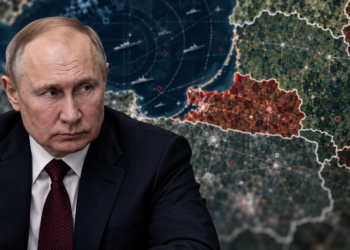 Editorial image of Vladimir Putin with a strategic map of Kaliningrad, Poland and Lithuania