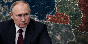 Editorial image of Vladimir Putin with a strategic map of Kaliningrad, Poland and Lithuania