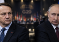 Radosław Sikorski and Vladimir Putin in a split-frame editorial image with a blurred G20 conference backdrop