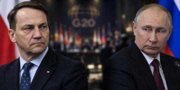 Radosław Sikorski and Vladimir Putin in a split-frame editorial image with a blurred G20 conference backdrop