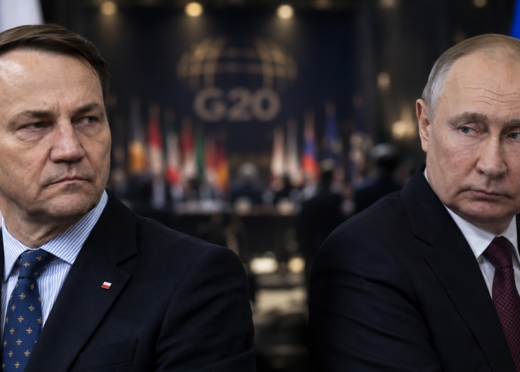 Radosław Sikorski and Vladimir Putin in a split-frame editorial image with a blurred G20 conference backdrop