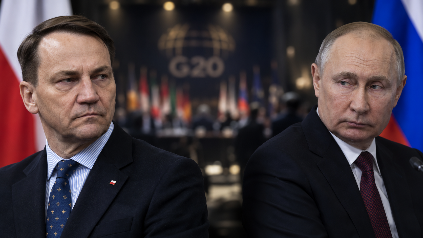Radosław Sikorski and Vladimir Putin in a split-frame editorial image with a blurred G20 conference backdrop