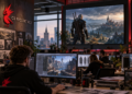 Editorial illustration of a CD Projekt Red studio environment in Warsaw with The Witcher 3 displayed on a large screen