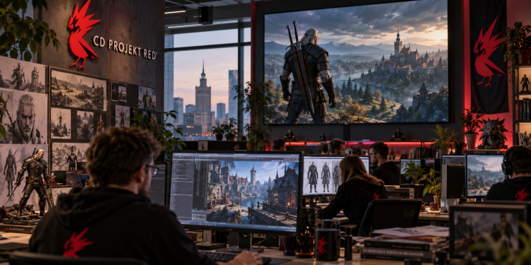 Editorial illustration of a CD Projekt Red studio environment in Warsaw with The Witcher 3 displayed on a large screen