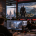 Editorial illustration of a CD Projekt Red studio environment in Warsaw with The Witcher 3 displayed on a large screen