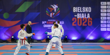 Two karate competitors spar at the 2026 World Cadet, Junior and Under-21 Championships in Bielsko-Biała.
