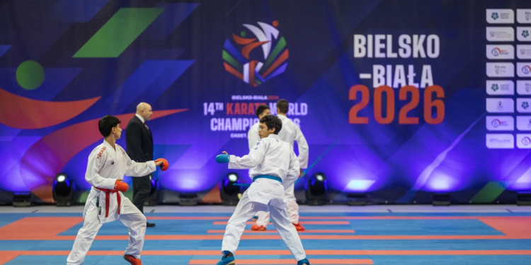 Two karate competitors spar at the 2026 World Cadet, Junior and Under-21 Championships in Bielsko-Biała.