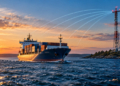 Digital editorial illustration of a cargo ship and coastal radio tower, with illustrative radio-signal arcs suggesting terrestrial ship navigation backup.
