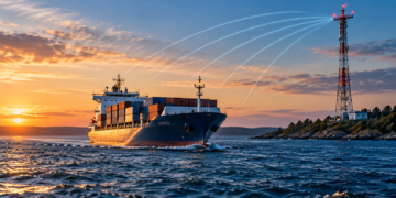 Digital editorial illustration of a cargo ship and coastal radio tower, with illustrative radio-signal arcs suggesting terrestrial ship navigation backup.