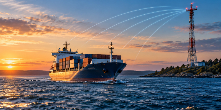 Digital editorial illustration of a cargo ship and coastal radio tower, with illustrative radio-signal arcs suggesting terrestrial ship navigation backup.