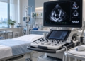 AI-generated editorial illustration of a modern echocardiography machine displaying a heart ultrasound in a cardiology examination room, representing pulmonary vascular medical research