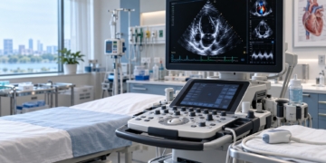 AI-generated editorial illustration of a modern echocardiography machine displaying a heart ultrasound in a cardiology examination room, representing pulmonary vascular medical research