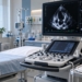 AI-generated editorial illustration of a modern echocardiography machine displaying a heart ultrasound in a cardiology examination room, representing pulmonary vascular medical research