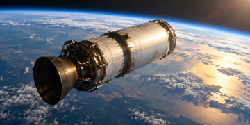 Digitally created concept illustration of a spent rocket stage in orbit above Earth, not a documentary photograph of the Chinese ZQ-2E stage.