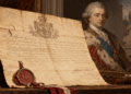 Editorial illustration of an eighteenth-century education document with King Stanisław August Poniatowski in the background
