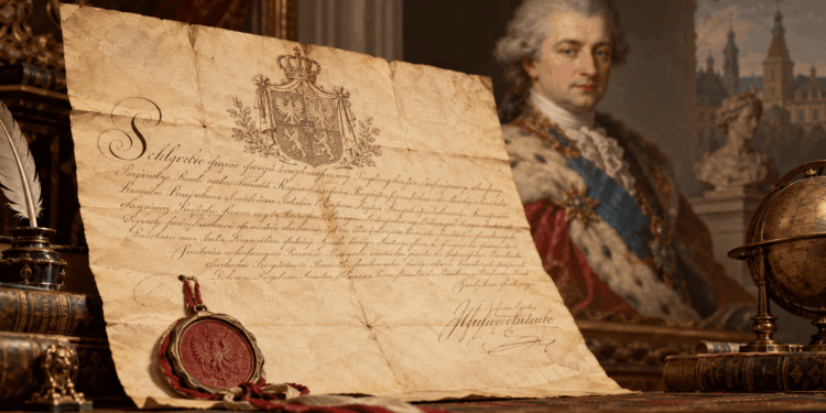 Editorial illustration of an eighteenth-century education document with King Stanisław August Poniatowski in the background