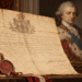 Editorial illustration of an eighteenth-century education document with King Stanisław August Poniatowski in the background